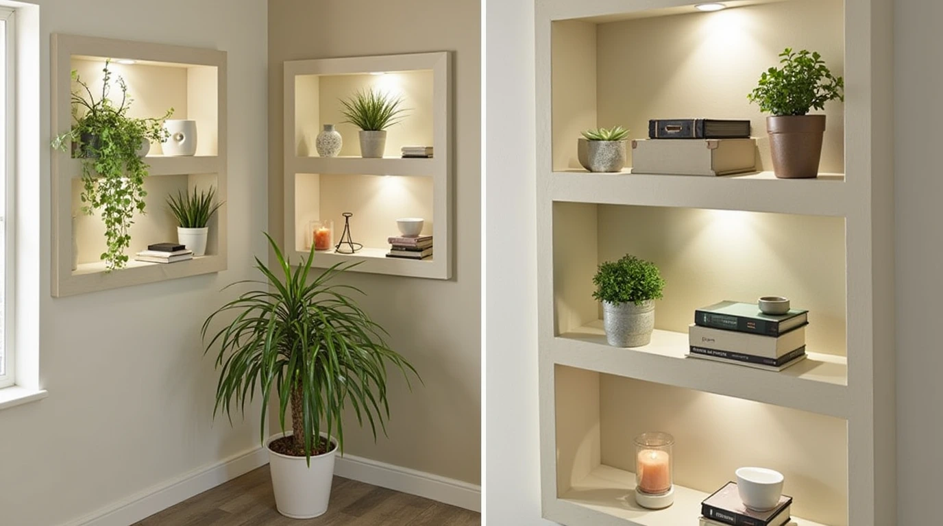 Éclairage de niches murales pour exposer des objets décoratifs ou des plantes
