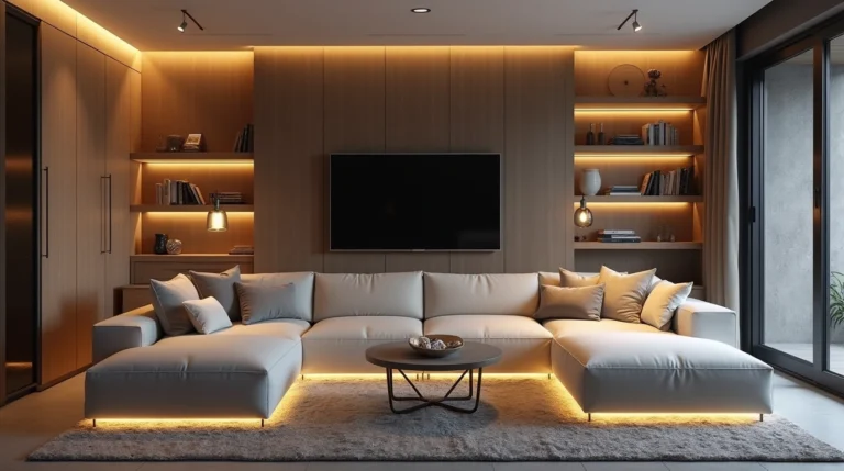 Éclairage sous les meubles pour un effet flottant et moderne dans le salon